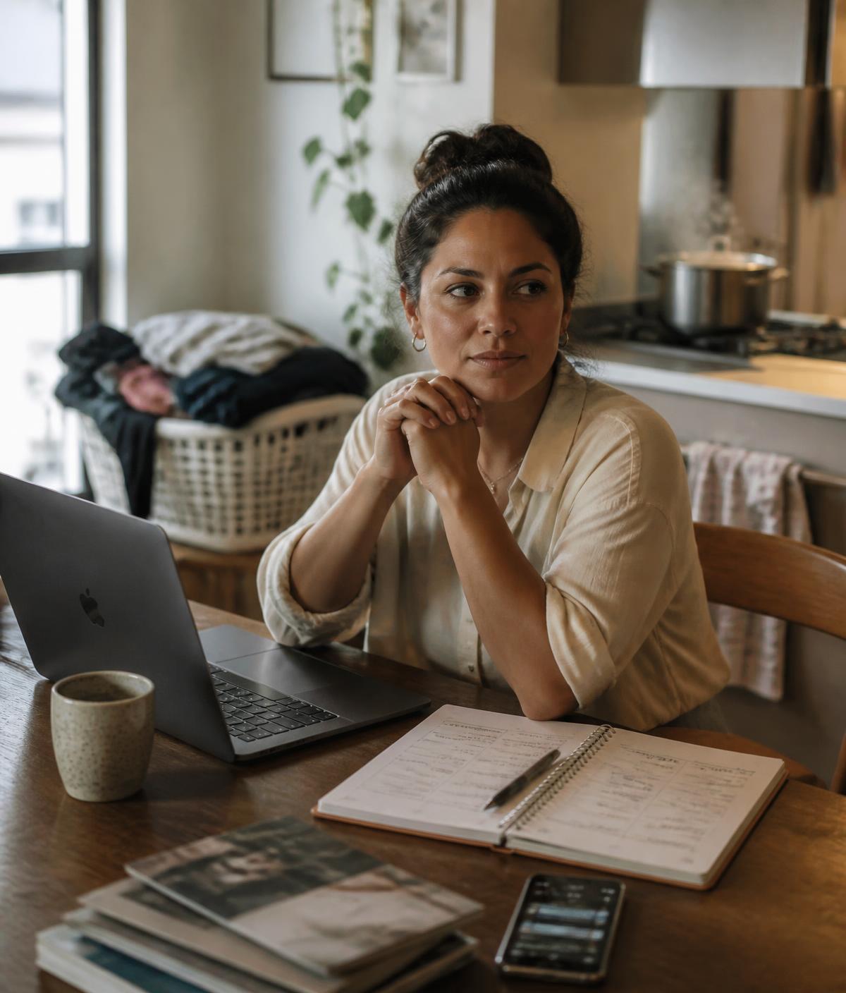 Mulher em uma mesa de trabalho, entre anotações, agenda e celular, atravessando várias demandas ao mesmo tempo